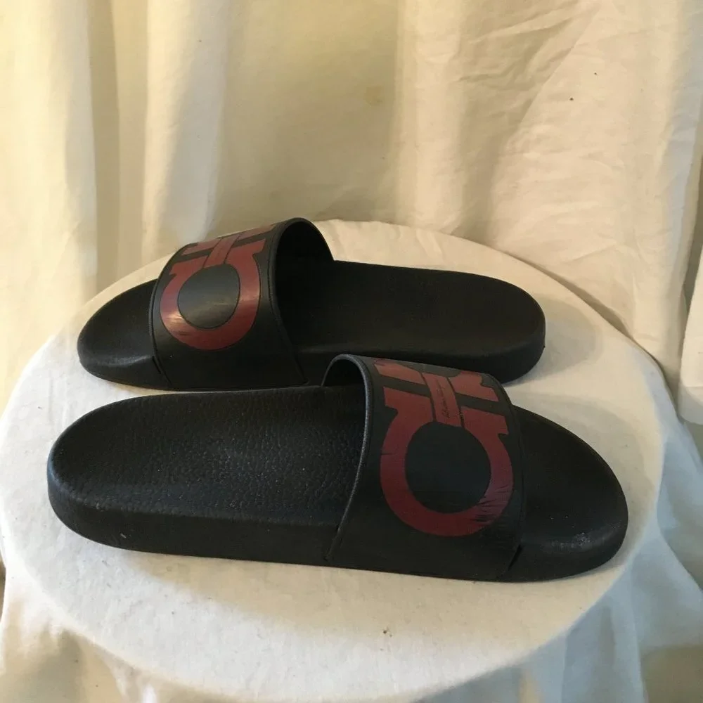 Salvatore Ferragamo Black and Red Slide Sandals